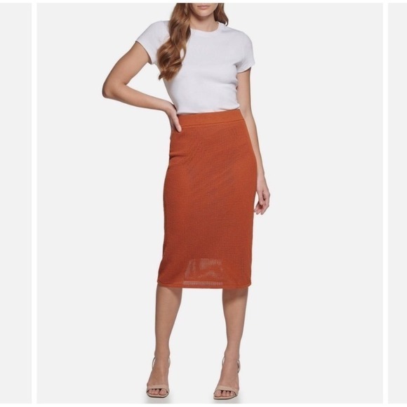 Calvin Klein Mesh Knit Pencil Coordinating Midi Skirt Terra L EUC - Picture 2 of 16